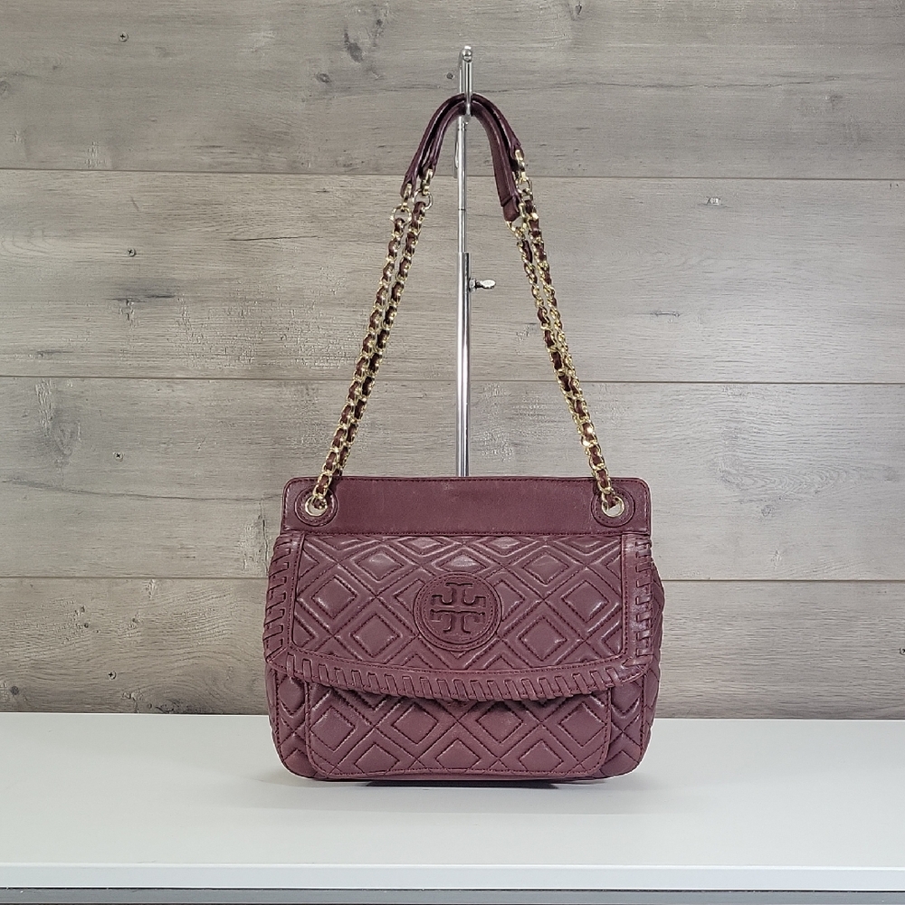 Tory Burch Marion Quilted Burgundy Shoulder Bag Satchel Purse